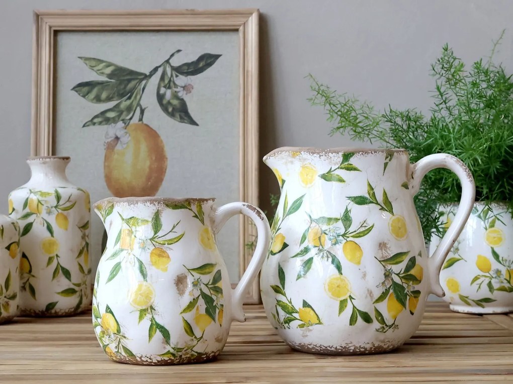 Béžový baňatý keramický džbán s citrónmi - 16*20cm