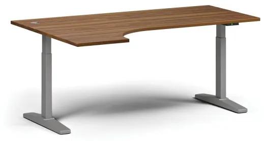 Výškovo nastaviteľný stôl, elektrický, 675-1325 mm, rohový ľavý, doska 1800x1200 mm, sivá podnož, orech