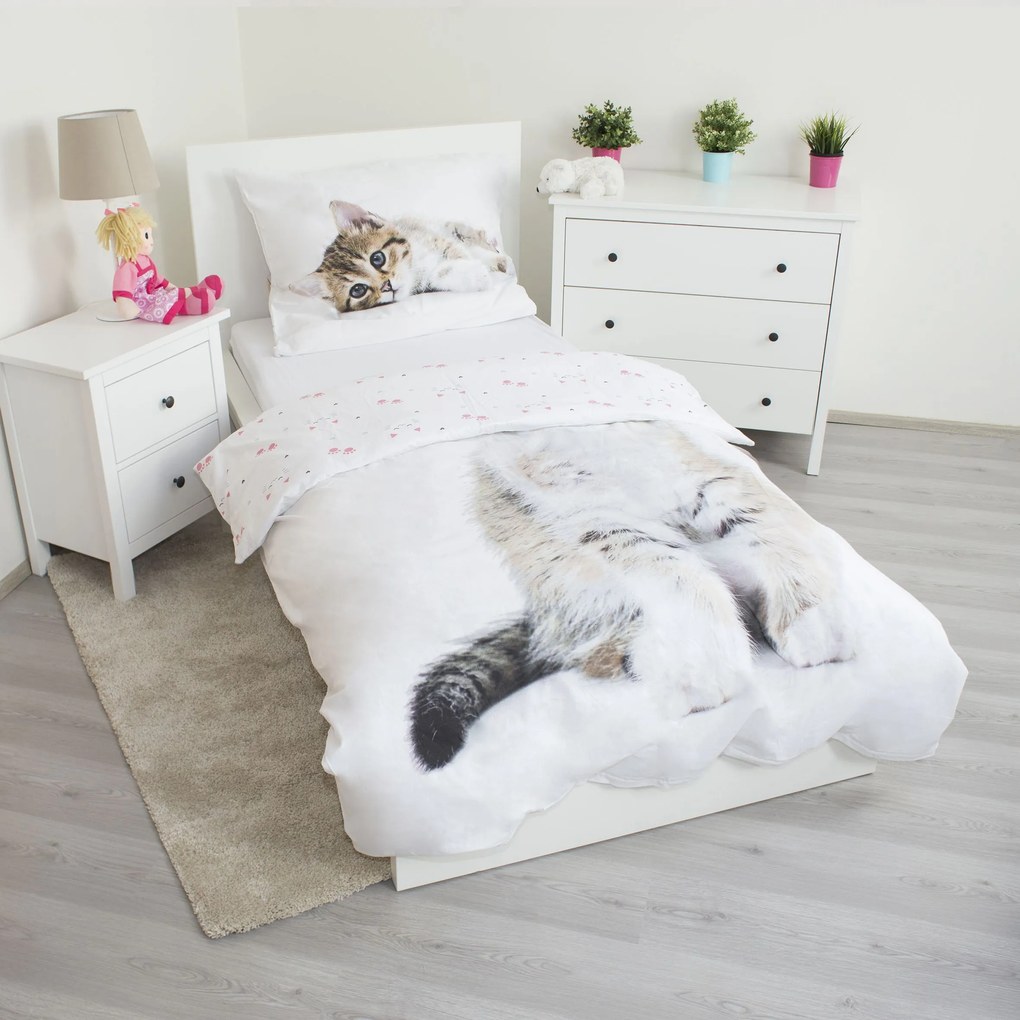 Jerry Fabrics Bavlnené obliečky 140x200 + 70x90 cm - Kitten white
