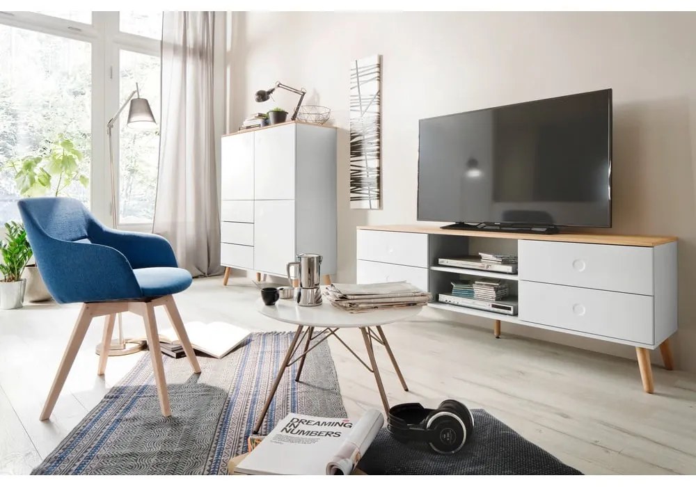 Biely TV stolík s detailmi v dekore dubového dreva Tenzo Dot, šírka 162 cm