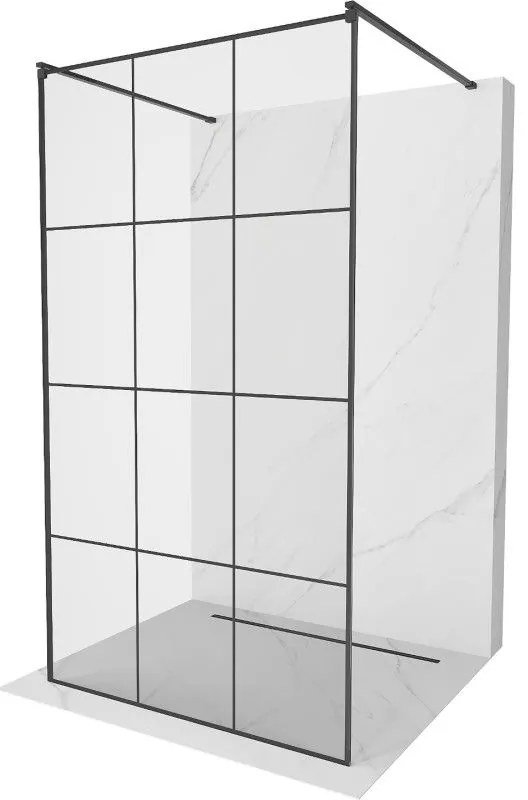 Mexen Kioto, priechodná sprchová zástena 110 x 200 cm, 8mm sklo číre/čierny vzor, 2x čierna stabilizačná rozpera, 800-110-002-70-77