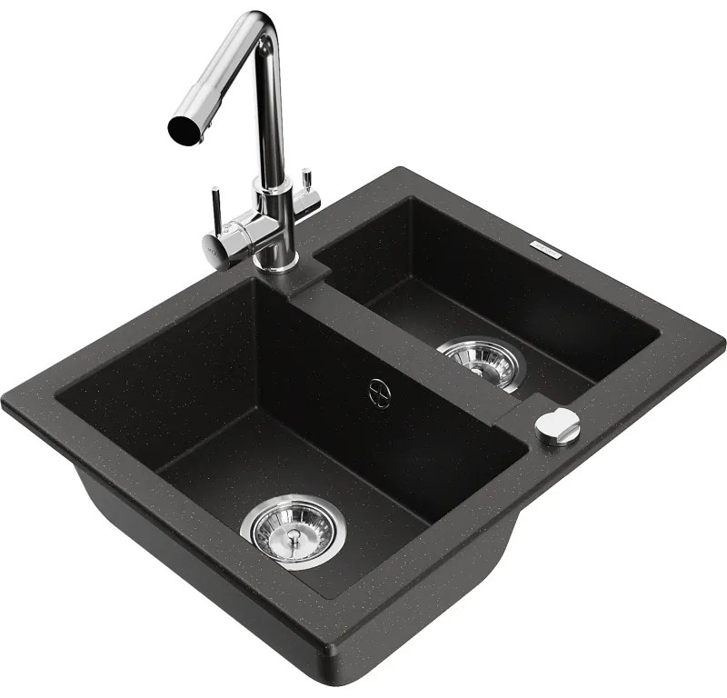 Mexen Carlos, 1,5-komorový granitový drez 582x475x177 mm a drezová batéria Duero, čierna-zlatá metalíza, 6518-75-671600-00