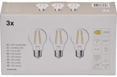 LED žiarovka A60 E27 / 8 W ( 75 W ) 1055 lm 2700 K číra bal. - 3 ks