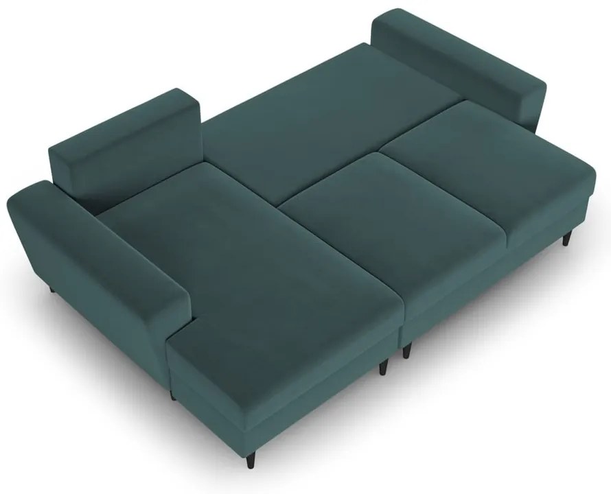 Zamatová rozkladacia/s úložným priestorom rohová pohovka v petrolejovej farbe (ľavý roh/s leňoškou) Kyoto – Cosmopolitan Design