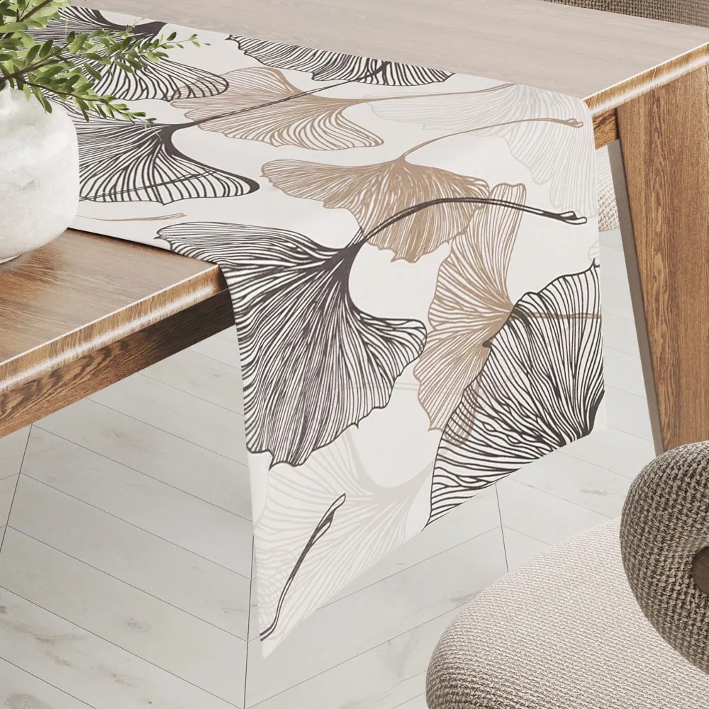 Biante Bavlnený behúň na stôl Sandra SA-411 Hnedé Ginkgo listy na bielom 45x140 cm