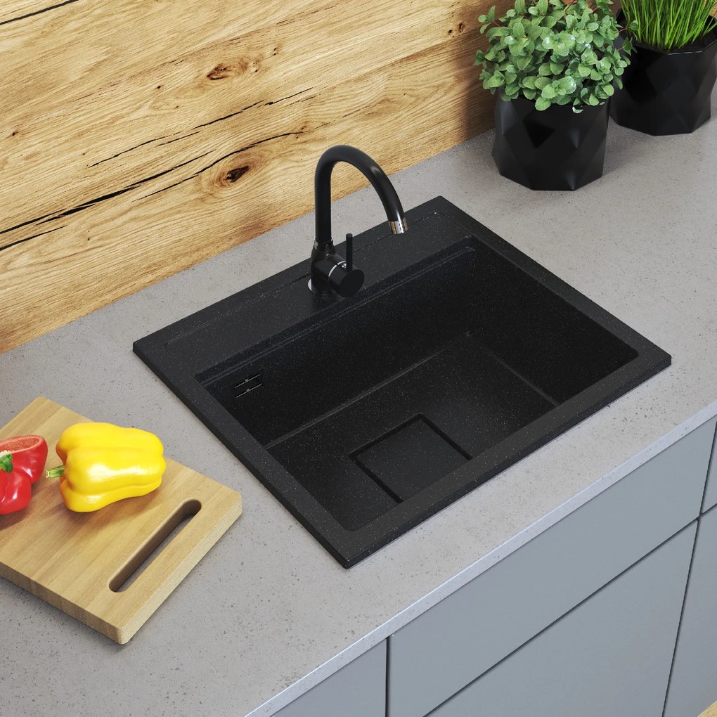 Gamma Quadro 5850, 1-komorový granitový drez 580x495x220 mm, čierna škvrnitá, GMA-ZLE000230