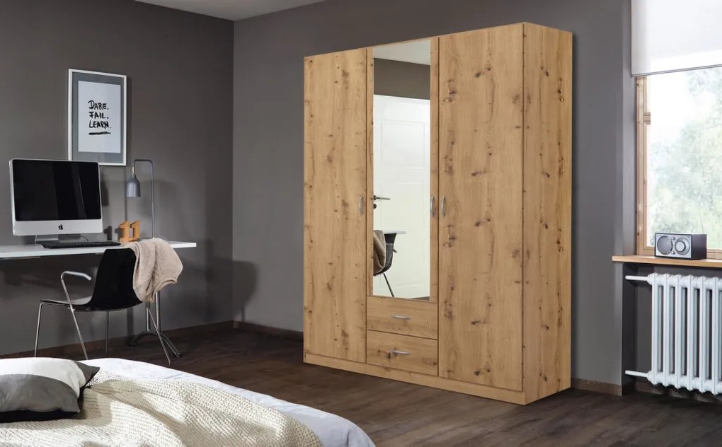 Šatníková skriňa so zrkadlom Case, 136 cm, dub artisan