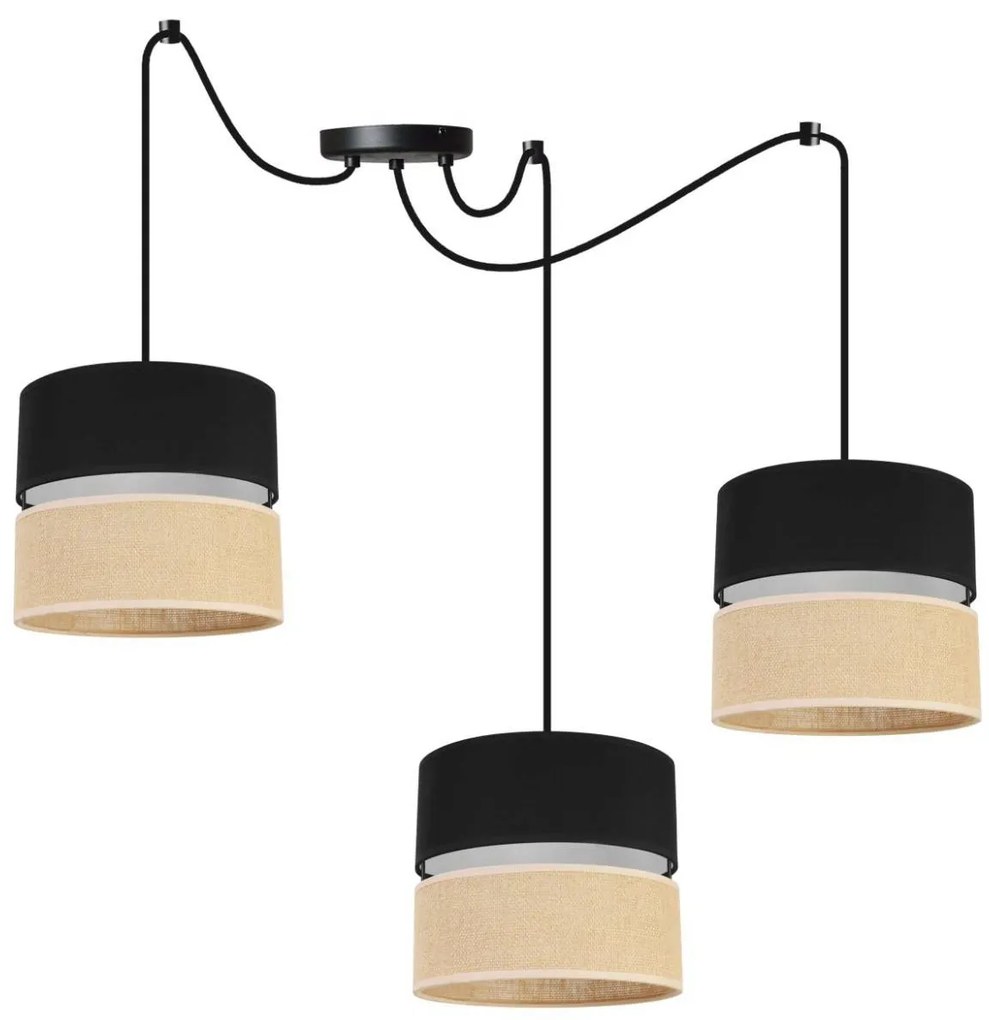 Závesné svietidlo Juta Spider, 3x jutové/čierne textilné tienidlo, b