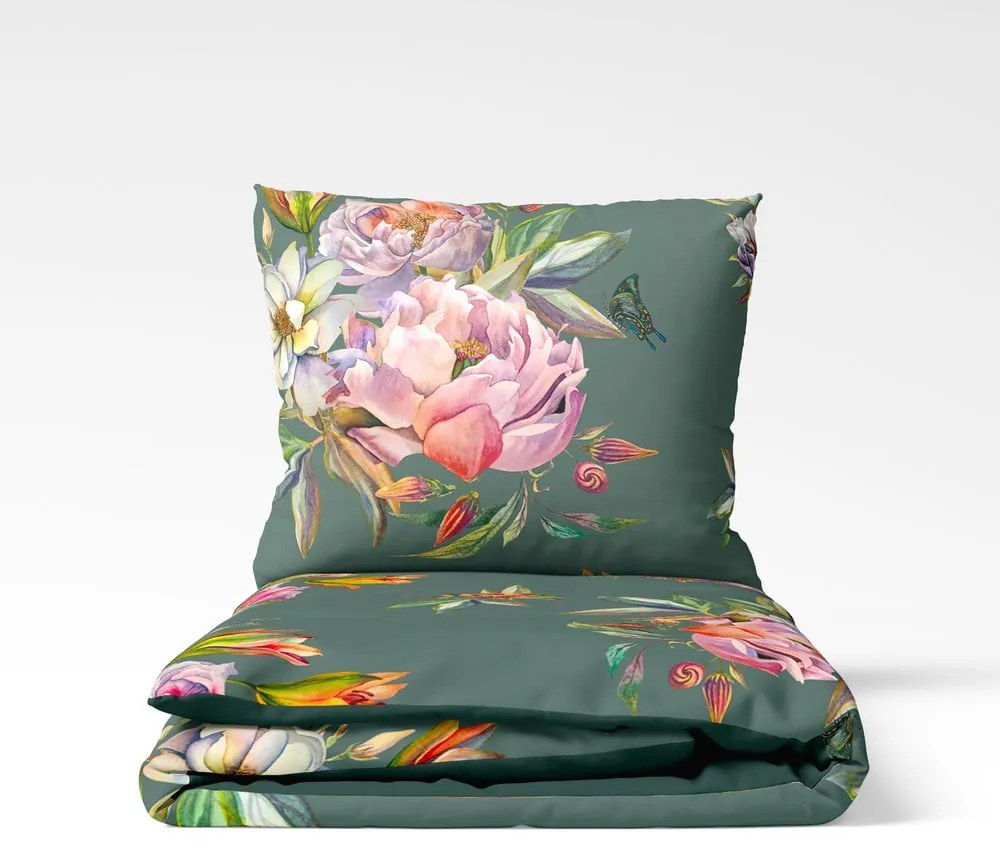 Tmavozelené obliečky na dvojlôžko z bavlneného saténu Bonami Selection Floret, 200 x 220 cm