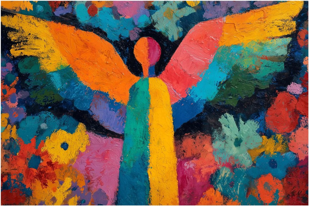 Obraz - Abstraktný anjel s kvetmi (90x60 cm)