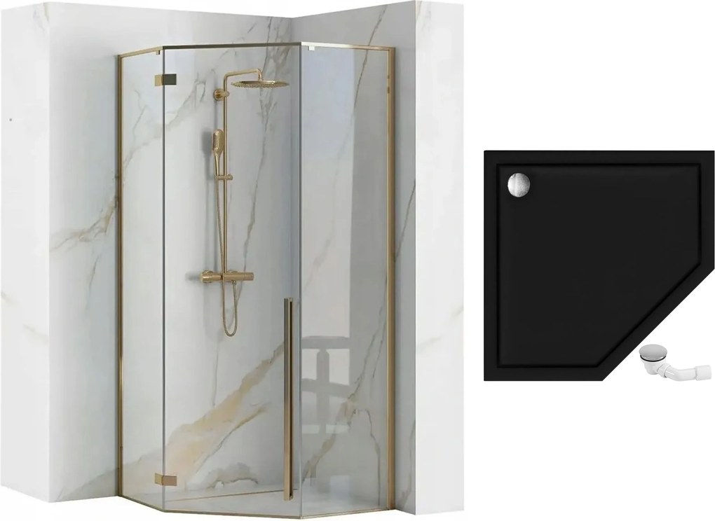 Rea Diamond, sprchovací kút 90x90x195 cm, 6mm číre sklo, zlatý profil + biela sprchová vanička, KPL-04904