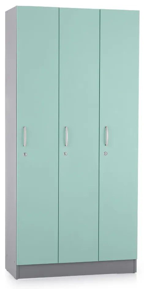 Drevená šatníková skrinka Visio LUX - 3 oddiely, 90 x 42 x 190 cm, tyrkysová