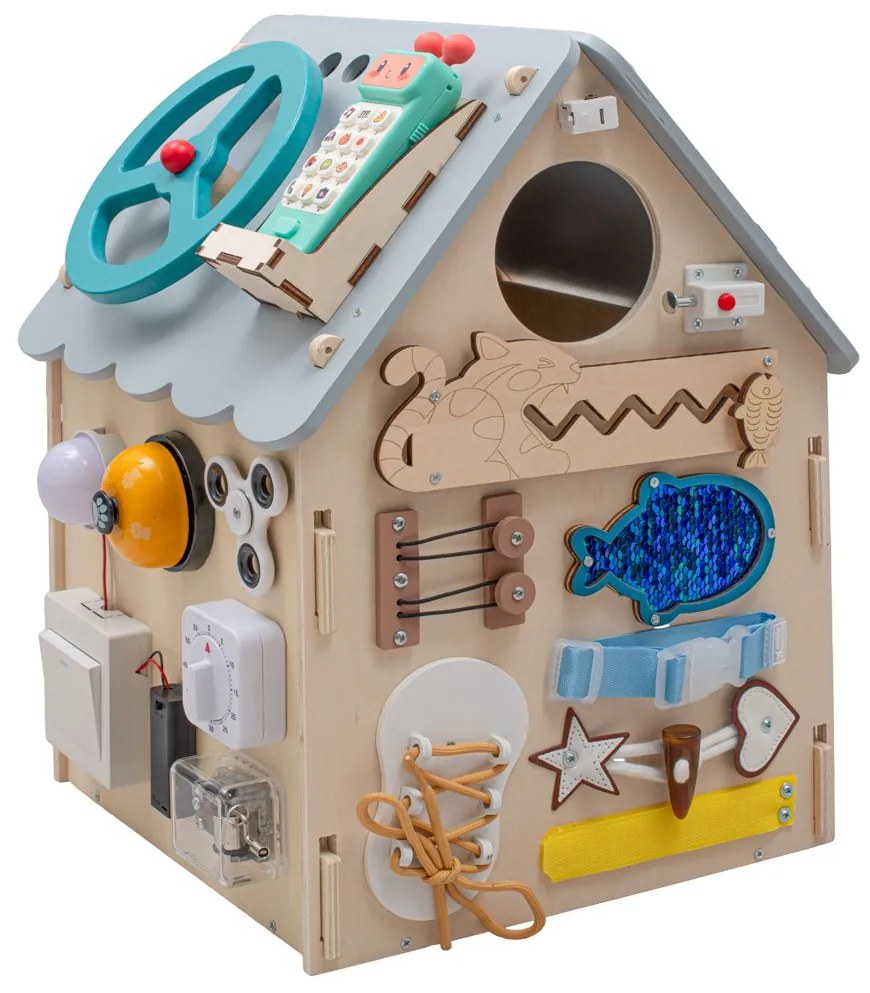 Drevený interaktívny domček Activity Board Baby Mix sivý
