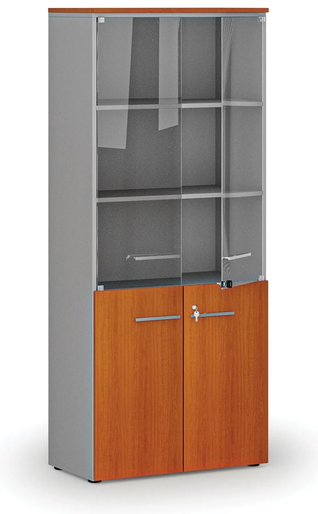 Kombinovaná kancelárska skriňa PRIMO GRAY s drevenými a sklenenými dverami, 800 x 420 x 1781 mm, sivá/čerešňa