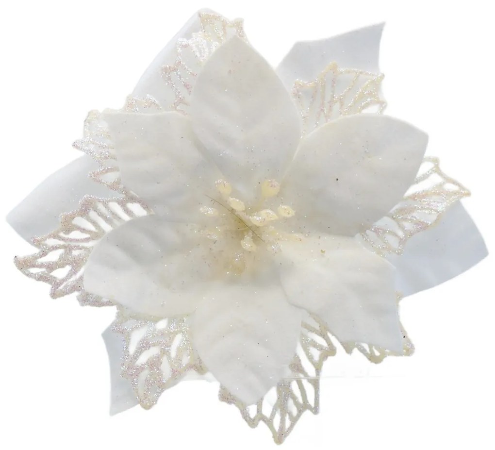 Vianočná dekorácia Poinsettia so štipcom biela, súprava 6 ks