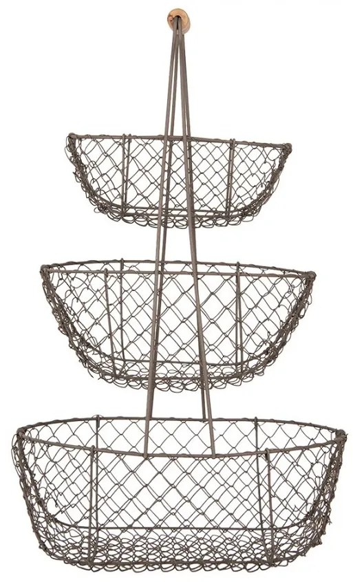 Hnedý kovový poschodový stojan s 3košíkmi a držadlom - 30*22*50 cm