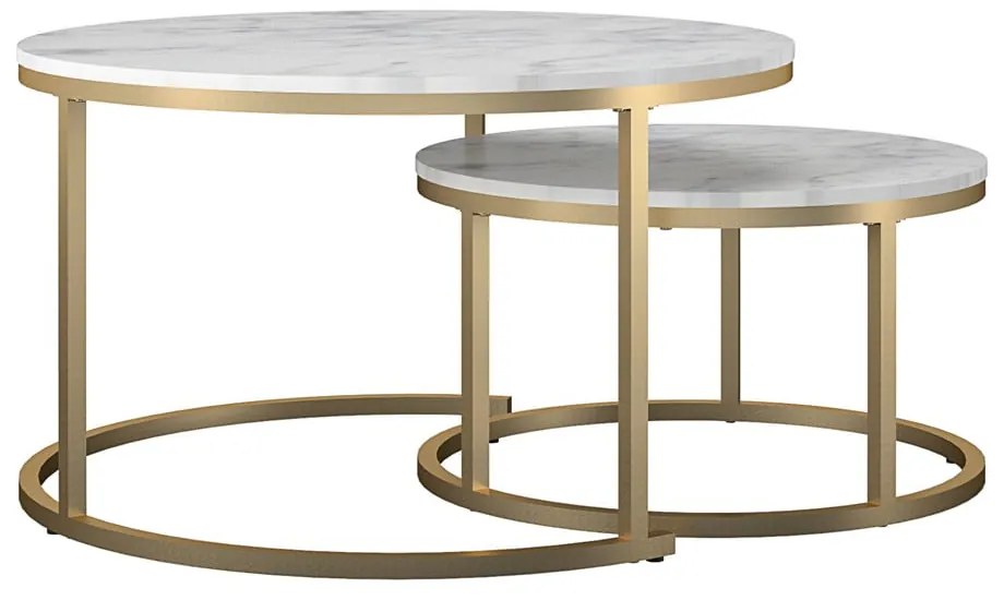 Biele/v zlatej farbe okrúhle konferenčné stolíky v súprave 2 ks s doskou v dekore mramoru ø 79 cm Amelia – CosmoLiving by Cosmopolitan