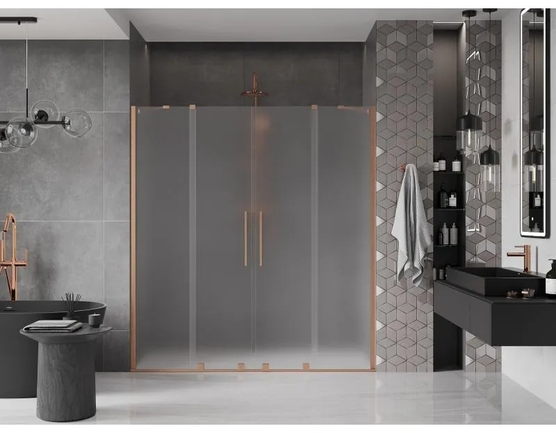 Mexen Velar Duo, posuvné sprchové dvere do otvoru 200 cm, 8mm sklo námraza, medená matná, 871-200-000-32-65