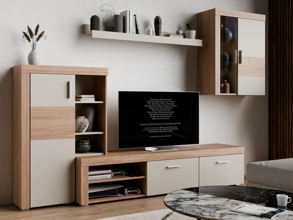 Obývacia stena Pico, dub jantárový/béžová kašmír, s osvetlením