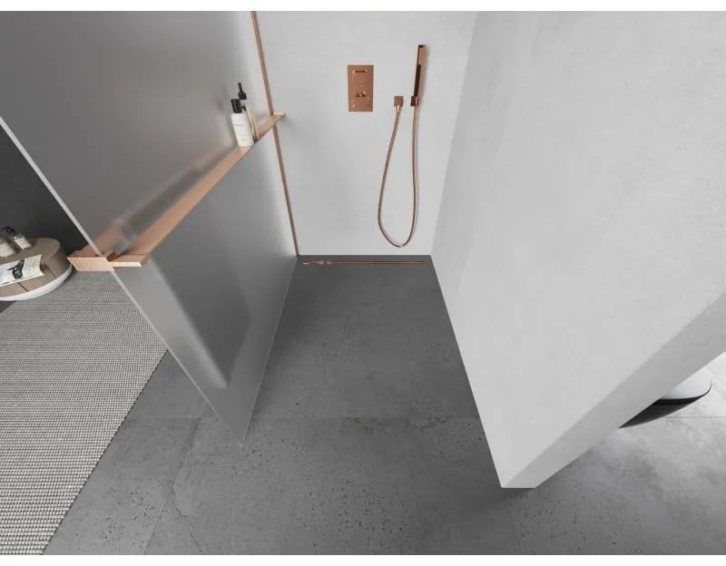 Mexen Kioto+, sprchová zástena Walk-In s poličkou a vešiakom 140 x 200 cm, 8mm sklo námraza, medený matný profil, 800-140-121-65-30