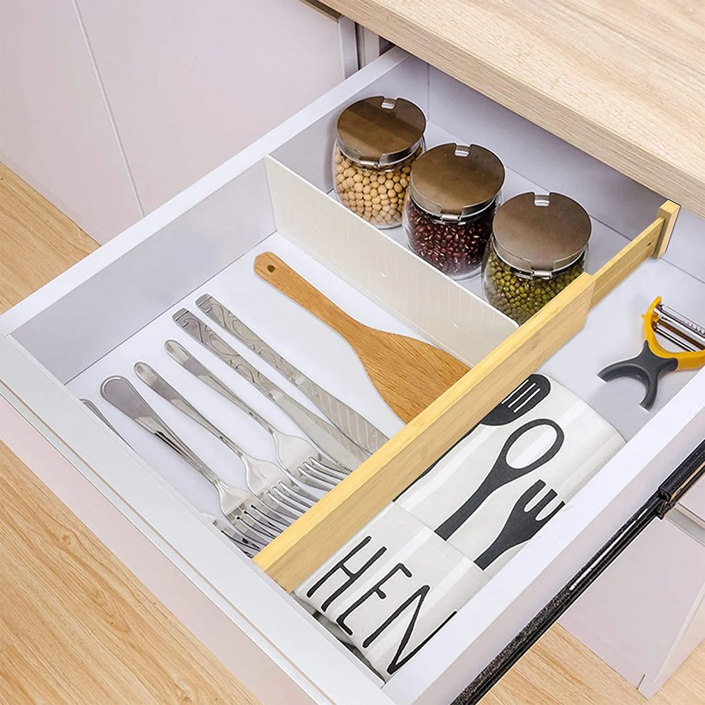 VERK GROUP Priečka / rozdeľovač, organizér do zásuvky 4ks, bambus - nastaviteľná až do 56 cm, RUNHY