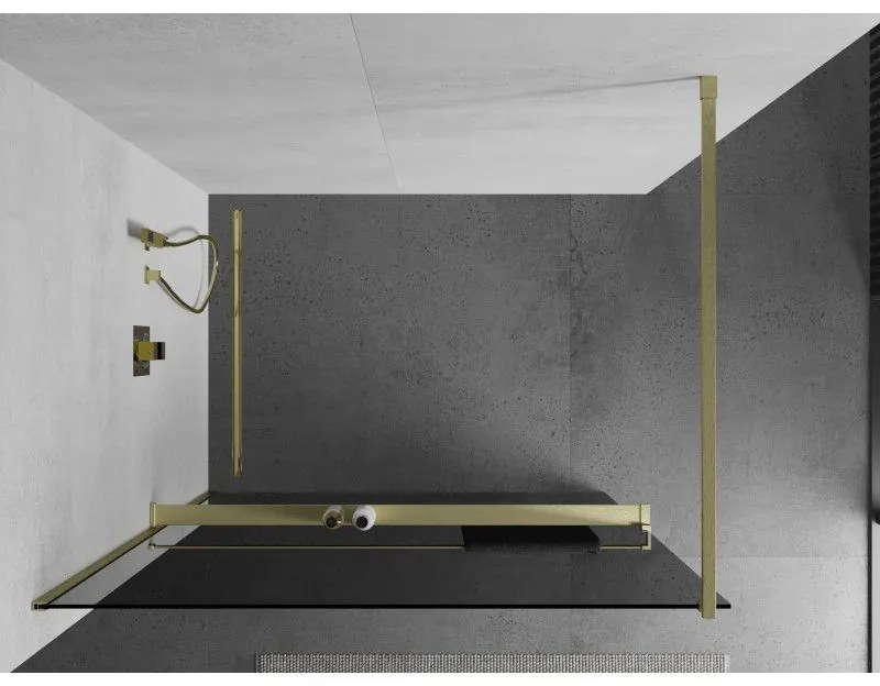 Mexen Kioto+, sprchová zástena Walk-In s poličkou a vešiakom 80 x 200 cm, 8mm šedé sklo, zlatý matný profil, 800-080-121-55-40