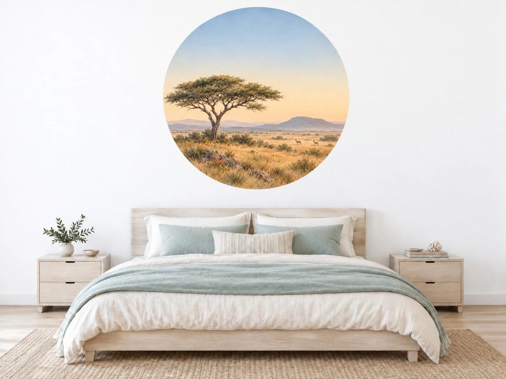 Akácie v africkej savane africká kruhová akvarelová dekorácia so savanou na stenu do obývačky arch 46 x 46 cm