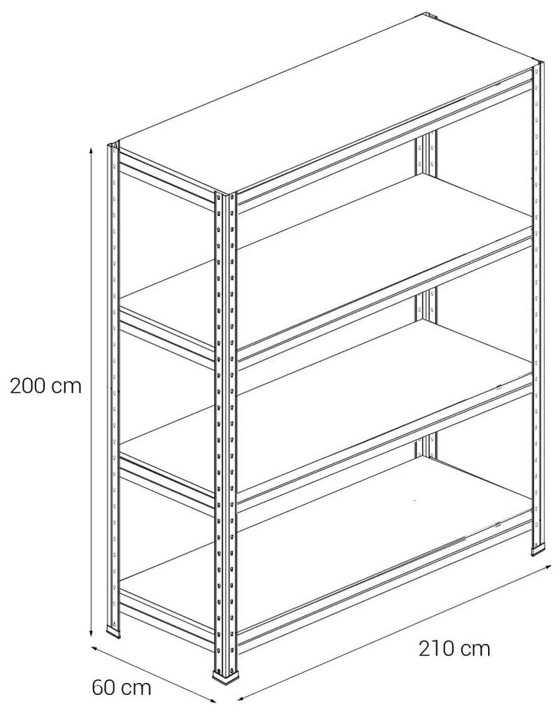 Kovový regál BULLRACK RIVET, 200x210x60 cm, 4x DTD polica, 600 kg na policu, zinok
