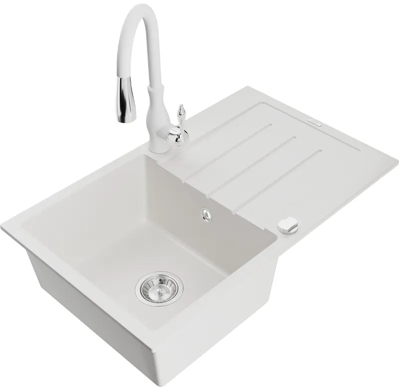 Mexen Bruno, 1-komorový granitový drez 795x495x200 mm a drezová batéria Savita, biela, 6513-20-672601-20