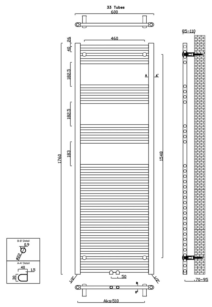 Aqualine Sapho, ALYA vykurovacie teleso rovné 600x1760 mm, stredové pripojenie, chróm, 1145-12