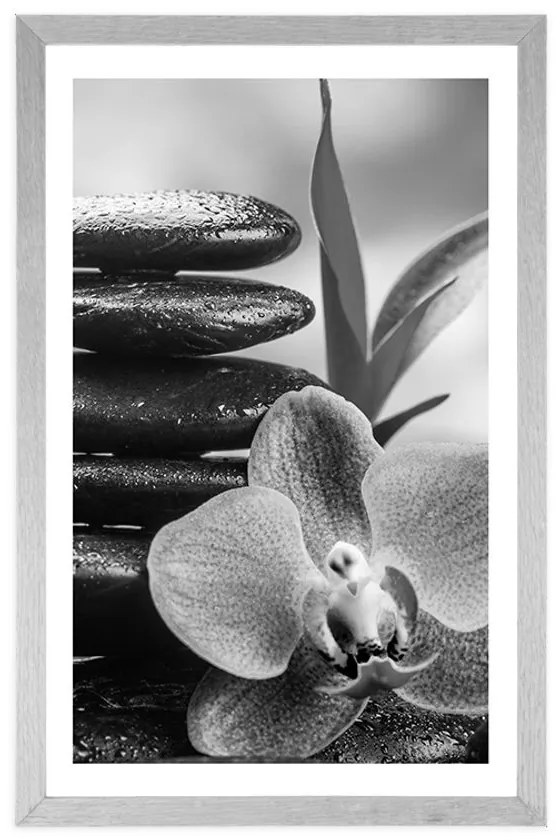 Plagát s paspartou meditačná Zen kompozícia v čiernobielom prevedení - 30x45 silver