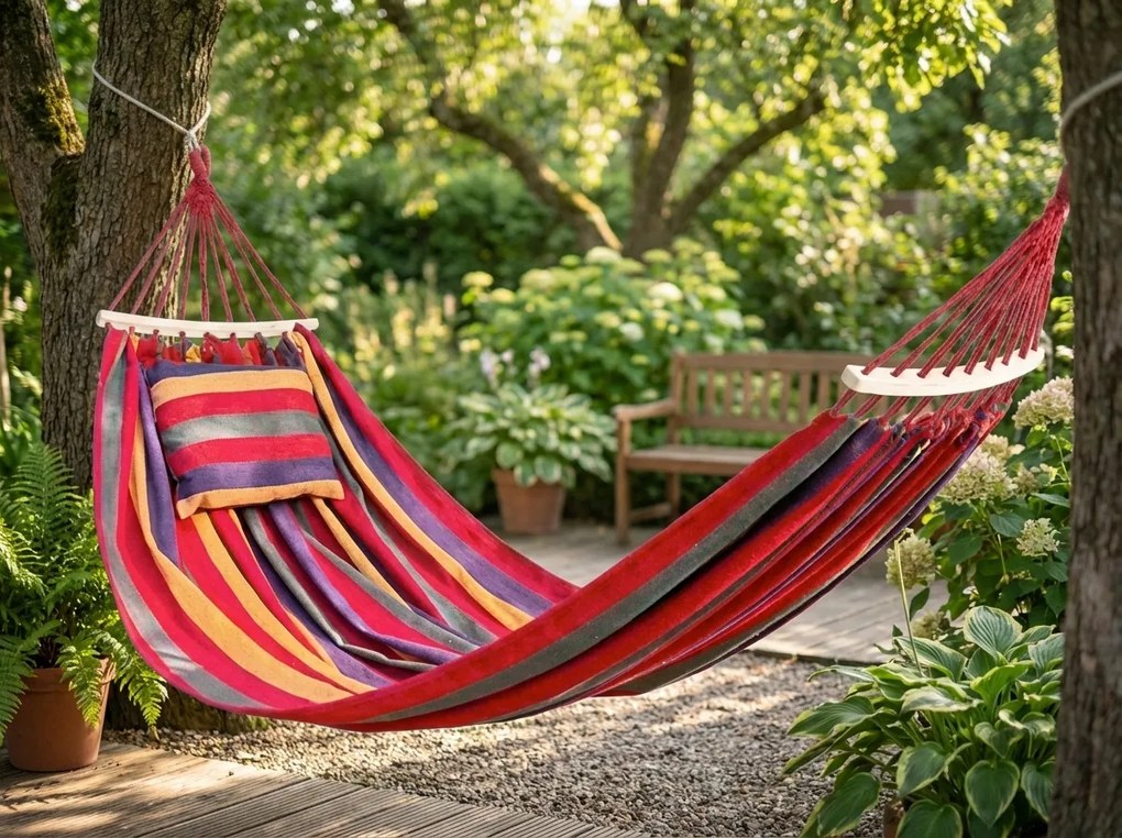 Farebná hojdacia sieť s vankúšom HAMAK pre 2 osoby 190x150 cm