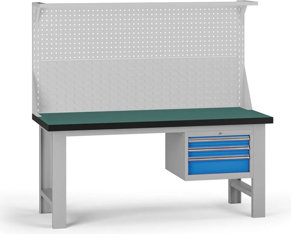 Pracovný stôl do dielne G8 s nadstavbou, 1800 x 750 x 800 mm, 1x kontejner, 3 zásuvky, modrá