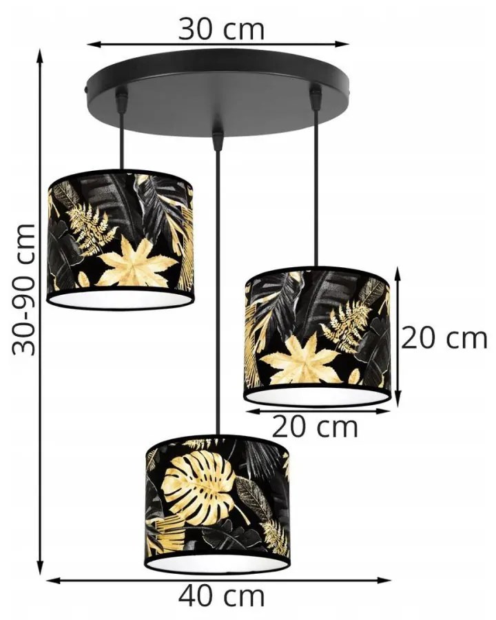 Závesné svietidlo Gold Flowers, 3x čierne textilné tienidlo s kvetinovým vzorom, o