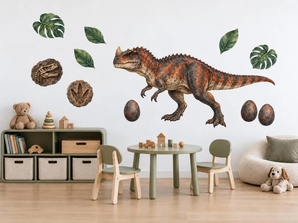 Ceratosaurus a skameneliny realistické dinosaurie nálepky do detskej izby pre chlapcov na stenu arch 46 x 33 cm