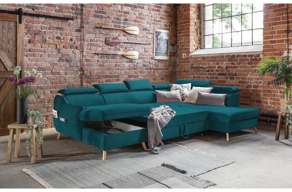 Tyrkysová zamatová rozkladacia rohová pohovka do "U" (pravý roh) Sweet Harmony – Miuform