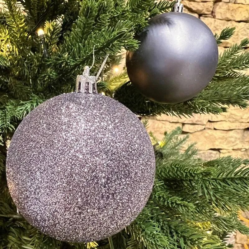 DECOLED Vianočné ozdoby - sada plastových guľôčok, 24 ks, d. 6 cm, tmavo strieborná, 12 x trblietavá, 12 x matná