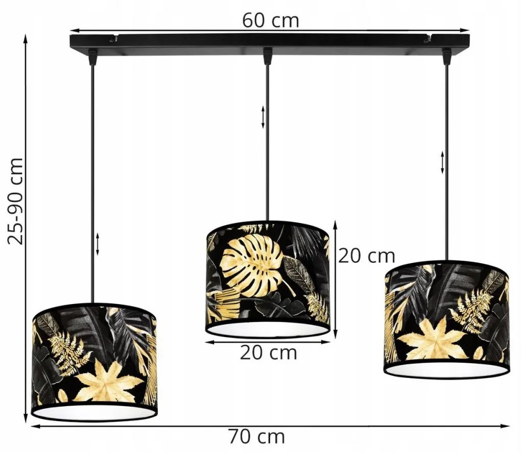 Závesné svietidlo Gold Flowers, 3x čierne textilné tienidlo s kvetinovým vzorom