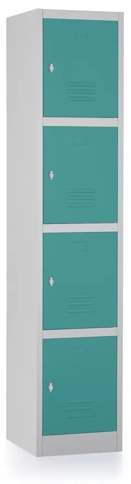 Kovová šatníková skrinka - 4 boxy, 38 x 45 x 185 cm, otočný zámok, zelená - ral 6033