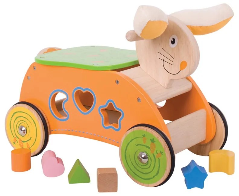 Bigjigs Toys Baby Drevený motorický vozík zajac BB030