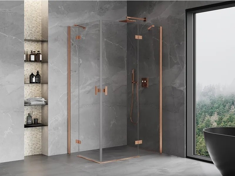 Mexen Mist-H Duo, 2-krídlový výklopný sprchový kút 70 x 115 cm, číre sklo, medený matný profil, 8A5-070L-115P-65-00