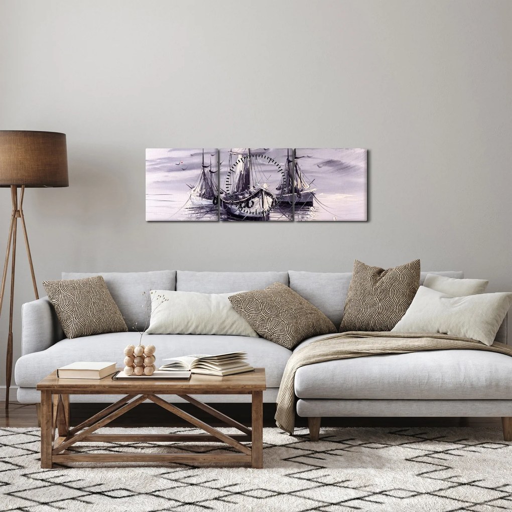 Obraz - Prístav, olejomaľba (s hodinami) (90x30 cm)