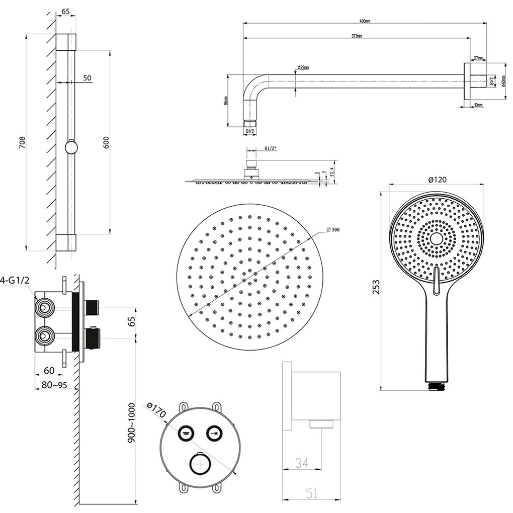 Sapho Sapho, SMART SELECT sprchový set s termostatickou batériou, 2 výstupy, posuvný držiak sprchy, čierna mat, RP032B-02