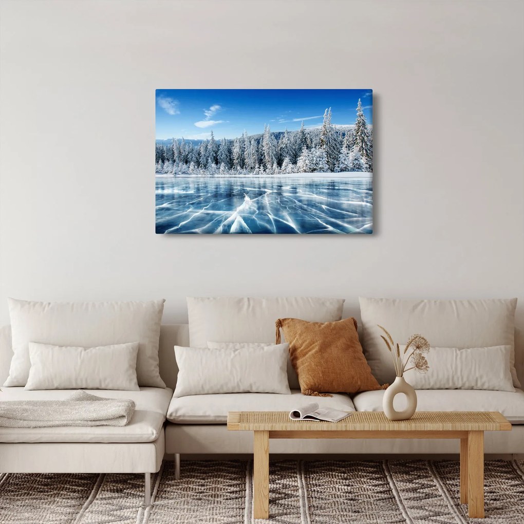 Obraz zamrznutého jazera a zasnežených stromov (90x60 cm)