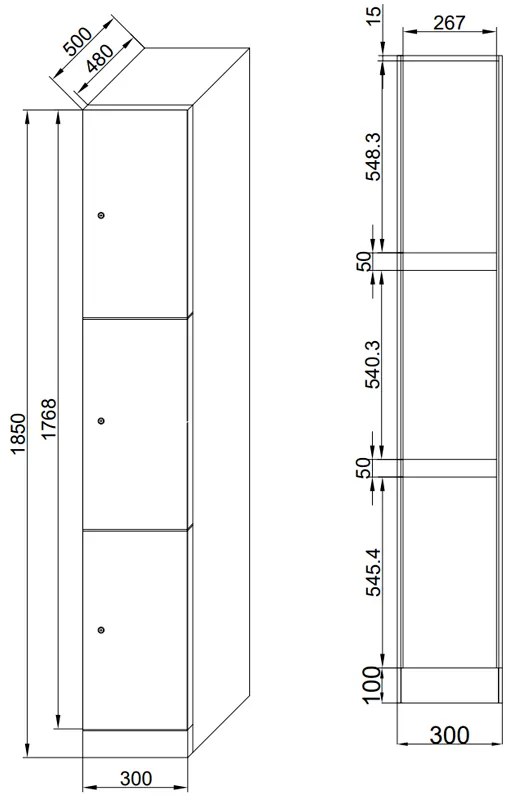 Šatníková skrinka s úložnými boxmi, 3 boxy, 1850 x 300 x 500 mm, zámok s čítačkou RFID kariet, laminované dvere, biela