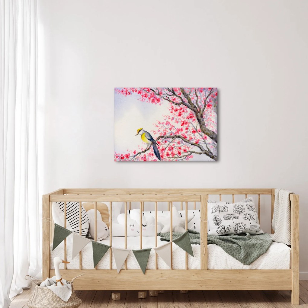 Obraz - Vtáčik na strome s červenými kvetmi (70x50 cm)