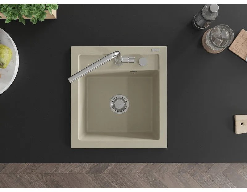 Mexen Vito, 1-komorový granitový drez 490x520x210 mm a drezová batéria Flora, béžová, 6503-69-670401-00
