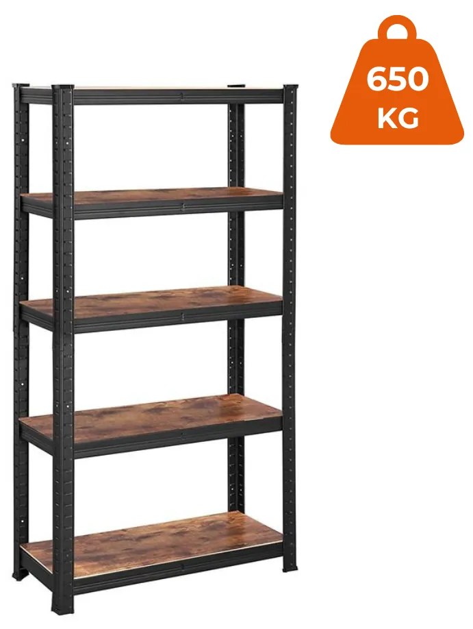 Policový regál DUSTY,5 políc, max 650kg, čierna/hnedá Jurhan