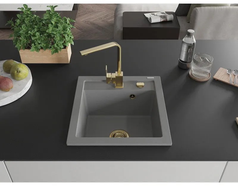 Mexen Vito, 1-komorový granitový drez 520x490x210 mm, zlatá batéria Rita, šedá, 6503-71-670300-50