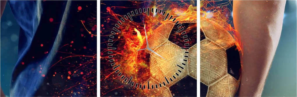 Obraz - Futbalová lopta v ohni (s hodinami) (90x30 cm)